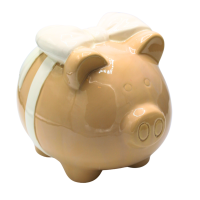 Skarbonka ceramiczna świnka beżowa z białą kokardą 13.8 cm