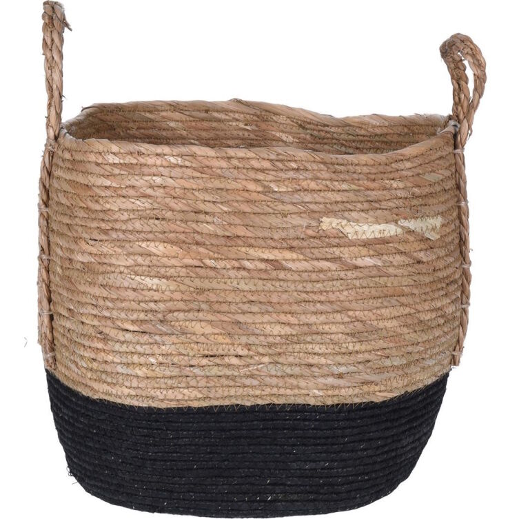 Kosz z liści słomianych 36x32 cm z uchwytami naturalny czarny boho