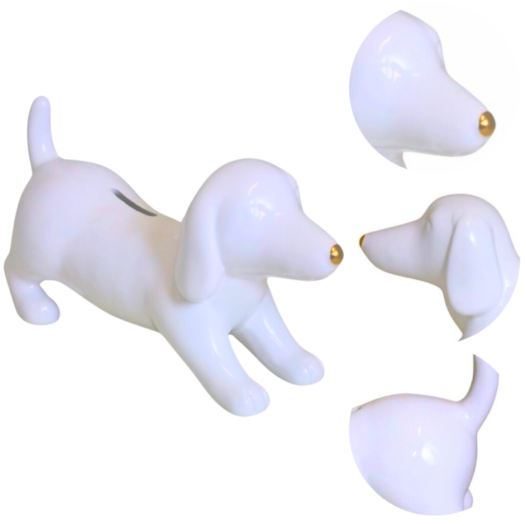 Skarbonka ceramiczna jamnik biały ze złotym noskiem 12.5 cm 78922