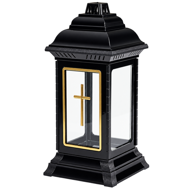 Znicz Kapliczka Glamour 36 cm Czarna Złoty Krzyż Witraż Lampion