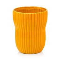 Doniczka ceramiczna musztardowa ryflowana 11,5 cm połysk okrągła vintage