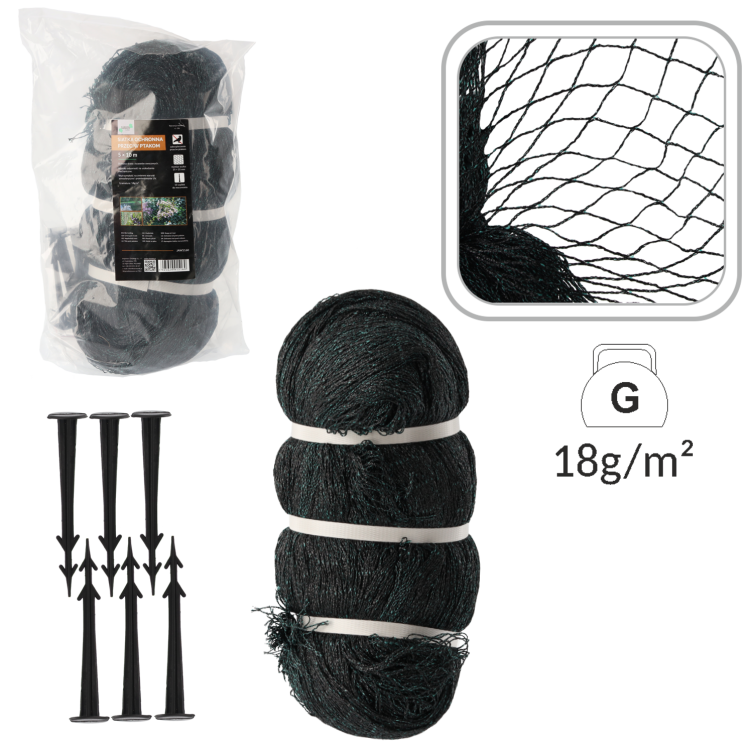 Siatka Przeciw Ptakom 5x10 m 18 g/m² HDPE + 10 Szpilek Ochronna