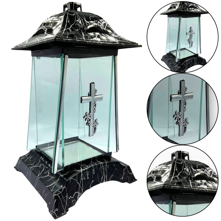 Elegancki duży lampion czarno-srebrny ze srebrnym krzyżem – 31 cm
